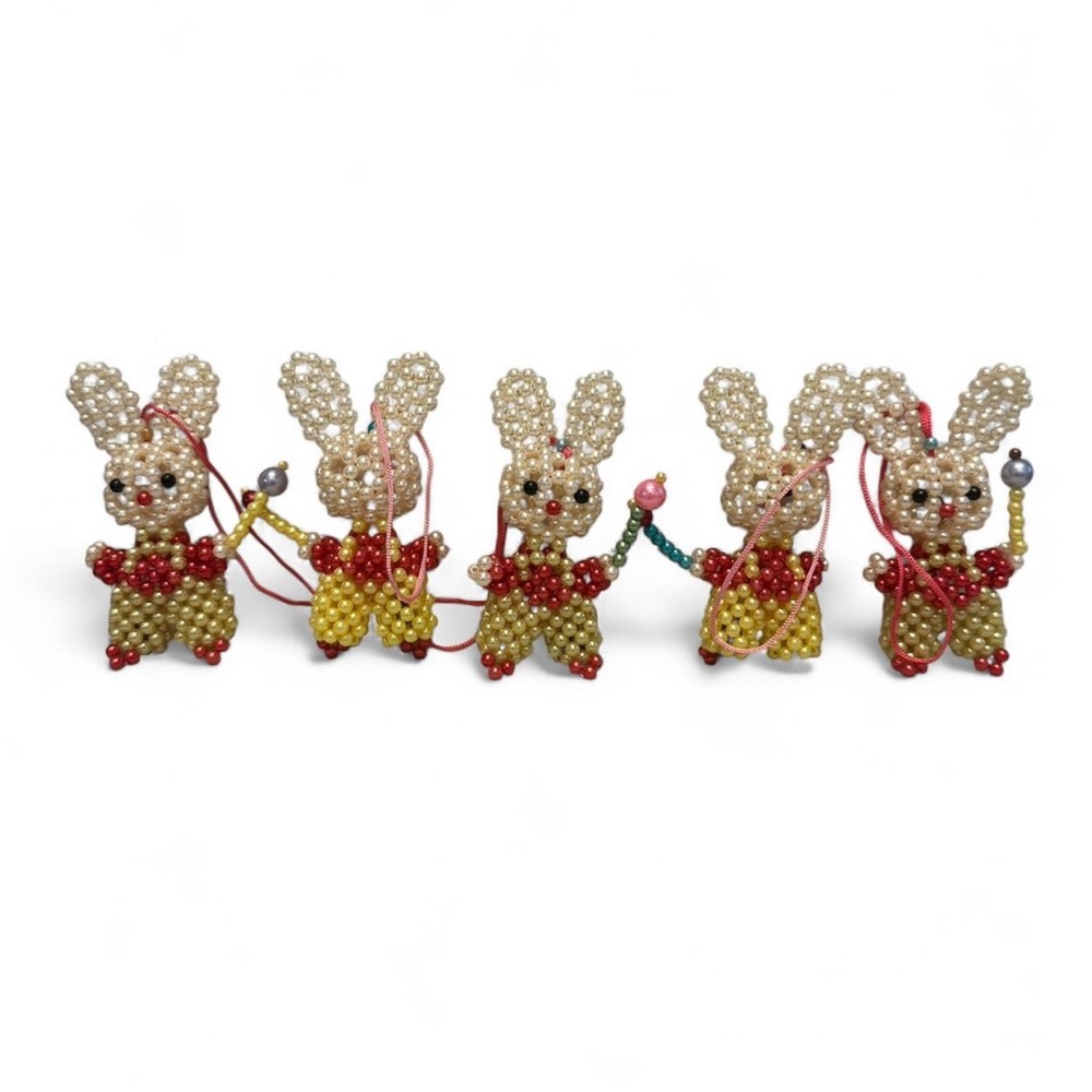 5 Red & Gold Beaded Bunny Ornaments – Handmade Christmas Décor